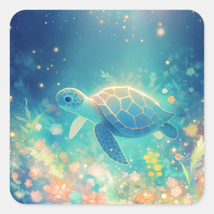 Groene Zeeschildpad Zwemt in Glanzende Magische Vi Vierkante Sticker