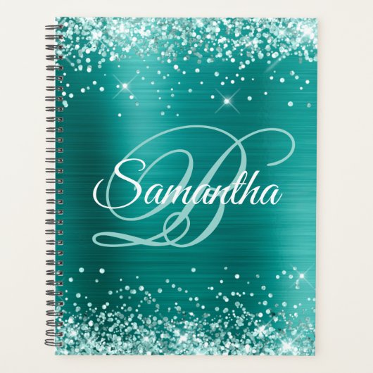 Groene Zeeschuim Glitter Aqua Teal Folie Monogram Planner (Voorkant)
