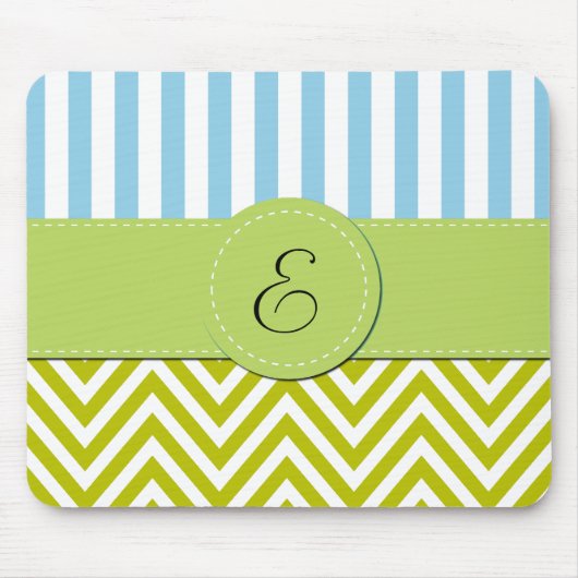 Groene zigzag, Chevron, Blauwe Stripes, Monogram Muismat (Voorkant)