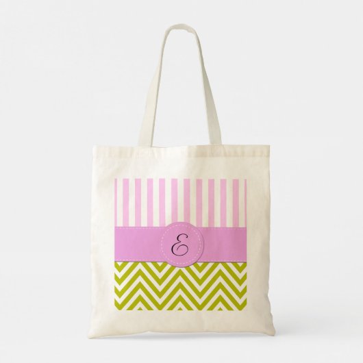 Groene zigzag, Chevron, roze strips, monogram Tote Bag (Achterkant)