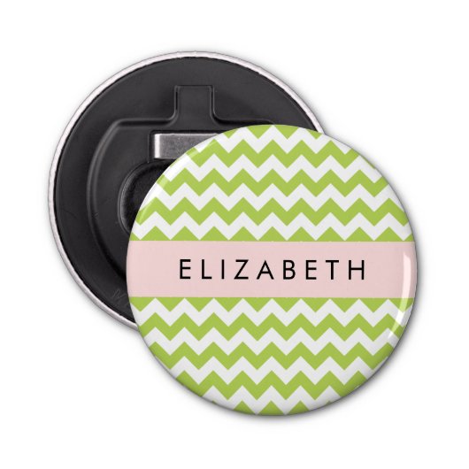 Groene zigzag, Groene Chevron, Jouw naam Button Flesopener (Voorkant)