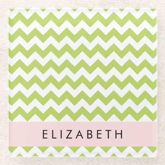 Groene zigzag, Groene Chevron, Jouw naam Glazen Onderzetter (Voorkant)