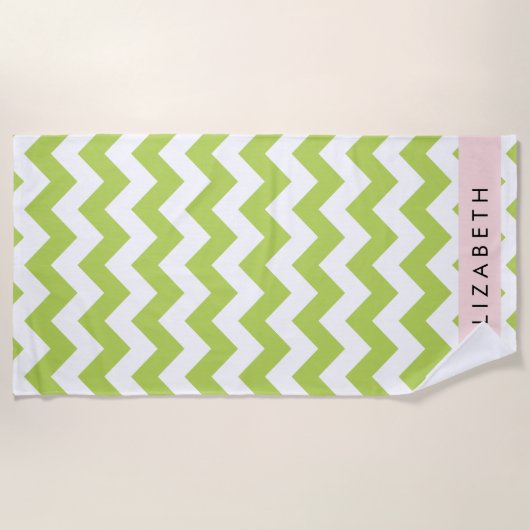 Groene zigzag, Groene Chevron, Jouw naam Strandlaken (Voorkant)