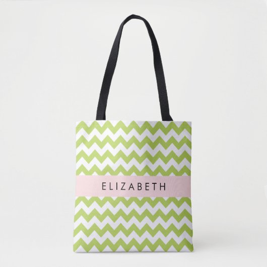 Groene zigzag, Groene Chevron, Jouw naam Tote Bag (Voorkant)