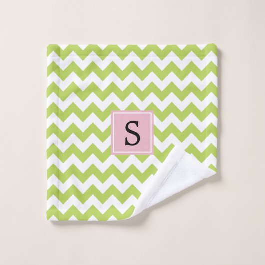 Groene zigzag, Groene Chevron, Monogram Bad Handdoek (Wasdoekje)