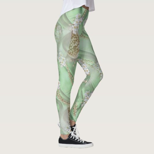 Groene Zijde en Ivory Champaign Pearls Leggings (Rechts)