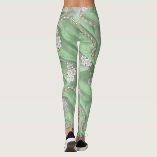 Groene Zijde en Ivory Champaign Pearls Leggings (Achterkant)
