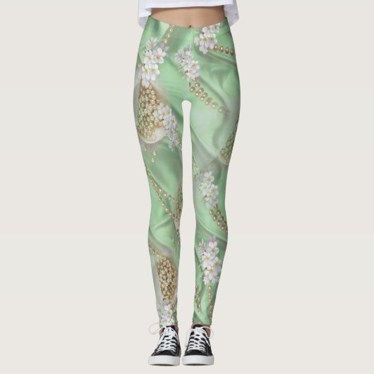 Groene Zijde en Ivory Champaign Pearls Leggings (Voorkant)