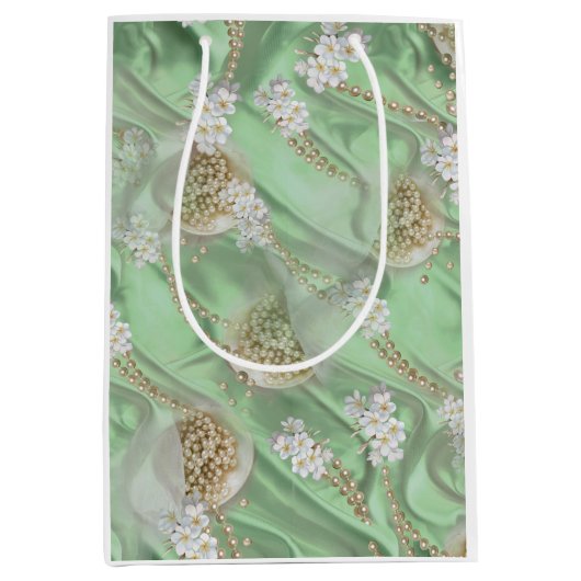 Groene Zijde en Ivory Champaign Pearls Medium Cadeauzakje (Voorkant)