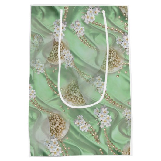 Groene Zijde en Ivory Champaign Pearls Medium Cadeauzakje (Achterkant)