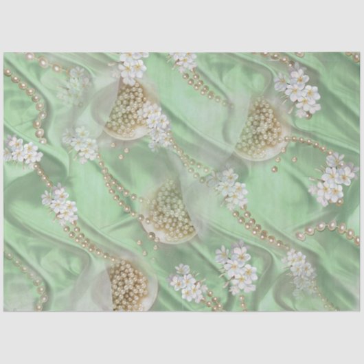 Groene Zijde en Ivory Champaign Pearls Tissuepapier (Voorkant)