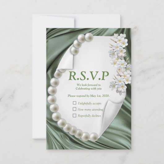 Groene Zijde en Ivory Pearls RSVP Kaartje (Voorkant)