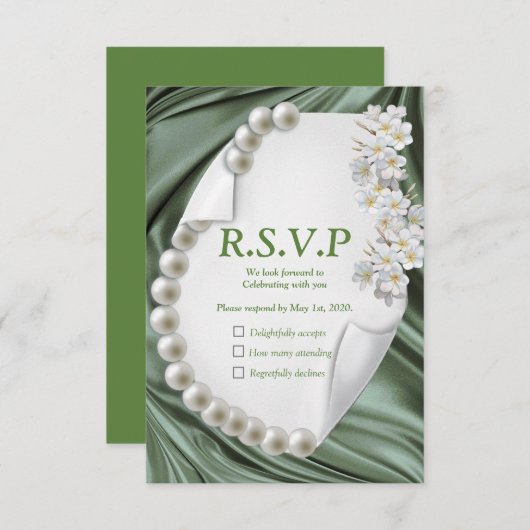Groene Zijde en Ivory Pearls RSVP Kaartje (Voorkant / Achterkant)