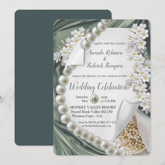 Groene zijde & Ivoor Parels Wedding Kaart (Voorkant / Achterkant)