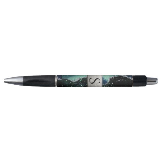 Groene Zilver Glitter Marmer Geode Monogram Pen (Voorkant)