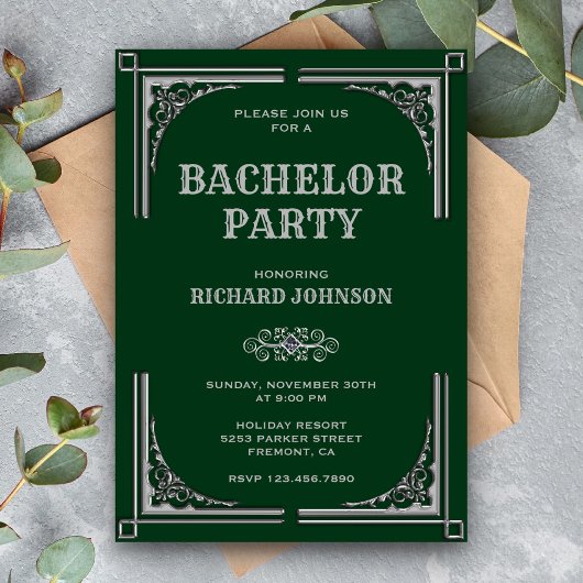 Groene Zilveren Art Deco Bachelor Party Kaart