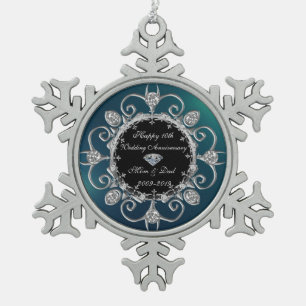 Groene Zilveren Diamanten 10e Trouwdag Tin Sneeuwvlok Ornament