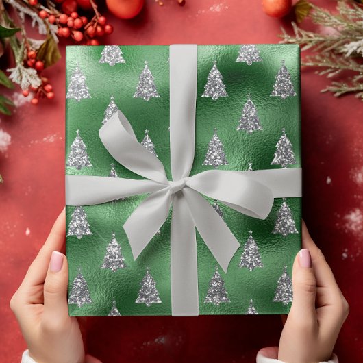 Groene Zilveren Glitter Kerstboom Glam Cadeaupapier