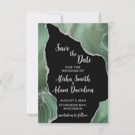 Groene zilveren glitters op zwarte Save The Date-k Date (Voorkant)