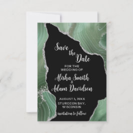 Groene zilveren glitters op zwarte Save The Date-k Date