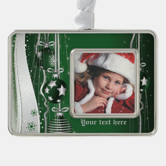 Groene zilveren kerstballen, sterren en sneeuwvlok verzilverd omlijst ornament (Voorkant)