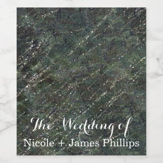 Groene & Zilveren Leger Camo Sparkle Glam Trouwwij Wijn Etiket (Enkel label)