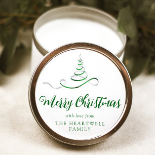 Groene Zilveren Lint Boom Kerstmis Script Ronde Sticker