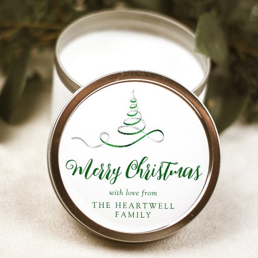 Groene Zilveren Lint Boom Kerstmis Script Ronde Sticker