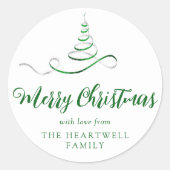 Groene Zilveren Lint Boom Kerstmis Script Ronde Sticker (Voorkant)