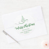 Groene Zilveren Lint Boom Kerstmis Script Ronde Sticker (Envelop)