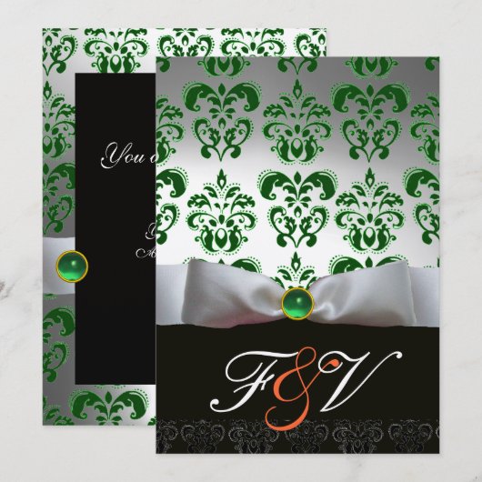 GROENE ZILVEREN LINT & ZWARTE DAMASTEN MONOGRAM Or Kaart (Voorkant / Achterkant)