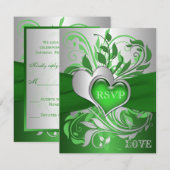 Groene, Zilveren Scrollen, Harten RSVP-kaart Kaart (Voorkant / Achterkant)