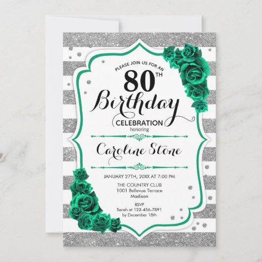 Groene Zilveren Witte Strepen Rozen 80ste Verjaard Kaart (Voorkant)