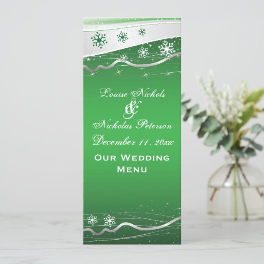 Groene, zilvergrijs sneeuwvlok trouwkaart menu (Staand voorkant)