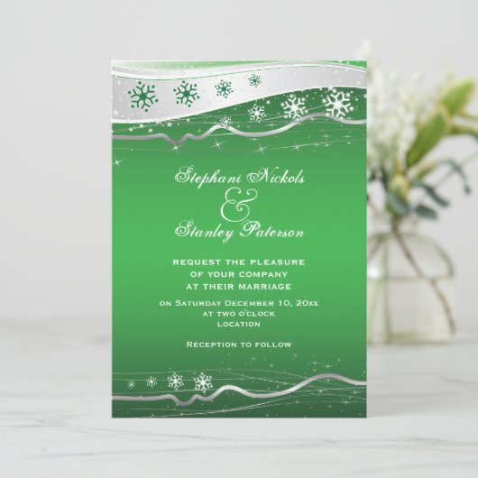 Groene, zilvergrijze sneeuwvlok winterbruiloft kaart (Staand voorkant)