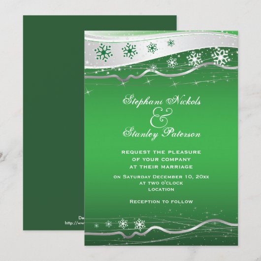 Groene, zilvergrijze sneeuwvlok winterbruiloft kaart (Voorkant / Achterkant)