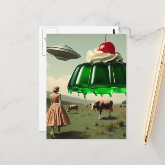 Groene zoete traktatie surrealistisch in de melkwe briefkaart (Voorkant / Achterkant in situ)