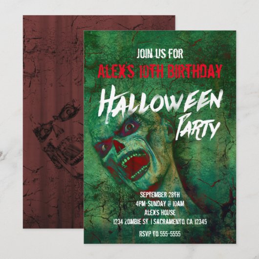 Groene Zombie Halloween-feestuitnodigingen Kaart (Voorkant / Achterkant)