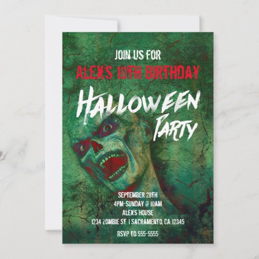 Groene Zombie Halloween Party Uitnodigingen (Voorkant)