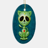 Groene Zombie Sugar Kitten op Blauw Keramisch Ornament (Rechts)