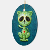 Groene Zombie Sugar Kitten op Blauw Keramisch Ornament (Links)
