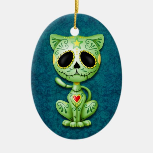 Groene Zombie Sugar Kitten op Blauw Keramisch Ornament (Voorkant)