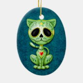 Groene Zombie Sugar Kitten op Blauw Keramisch Ornament (Achterkant)