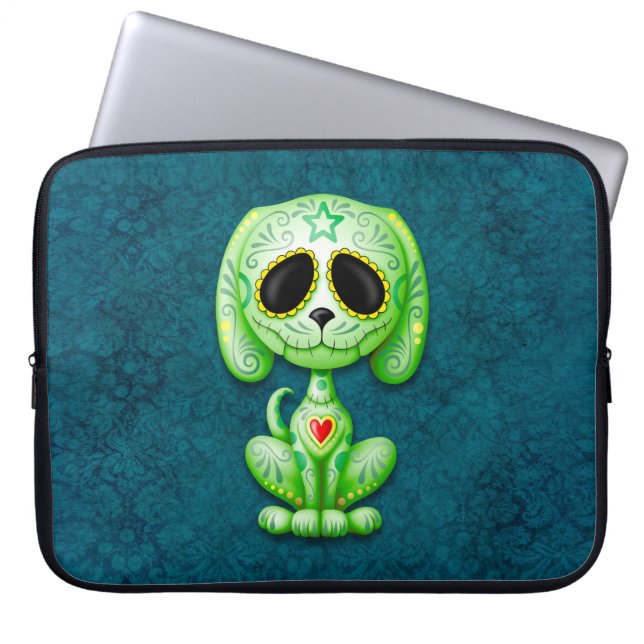 Groene Zombie Sugar Puppy Dog op Blauw Laptop Sleeve (Voorkant)