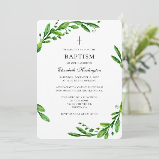 Groene zomer doop uitnodiging. Waterverf bladeren Kaart (Staand voorkant)