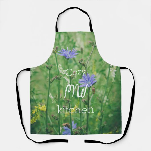 Groene zomerweide met blauwe bloemen schort (Voorkant)