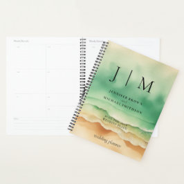 Groene Zon Oceaan Strand Zand Monogram Bruiloft Planner
