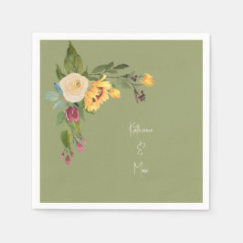 Groene zonnebloem bruiloft cocktail servet