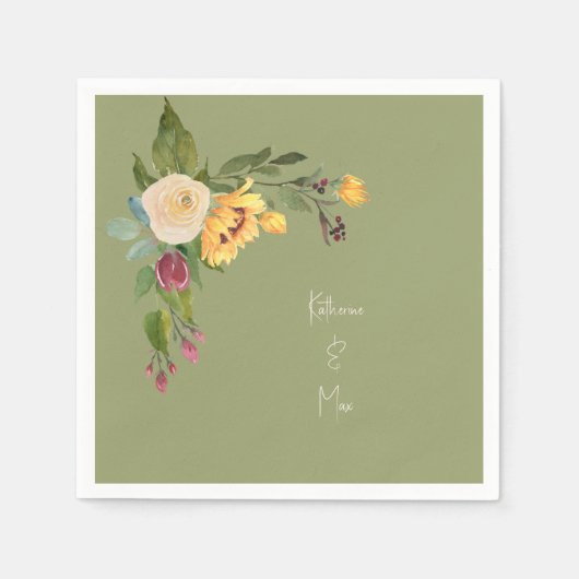 Groene zonnebloem bruiloft cocktail servet (Voorkant)
