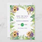 Groene Zonnebloem Paarse Bloemige Save The Date Ka Kaart (Voorkant)